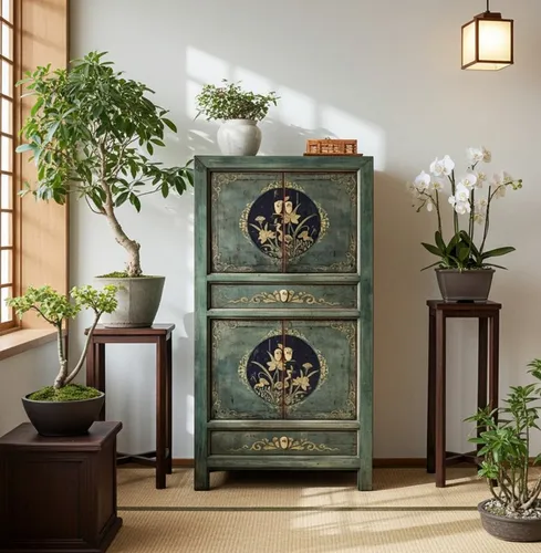 OPIUM OUTLET Kleiderschrank im Vintage-Stil - Kleiderschrank im Shabby-Chic, handgefertigt aus Pappelholz mit bunten Akzenten. Ideal für ein stilvolles asiatisch-orientalisches Ambiente.