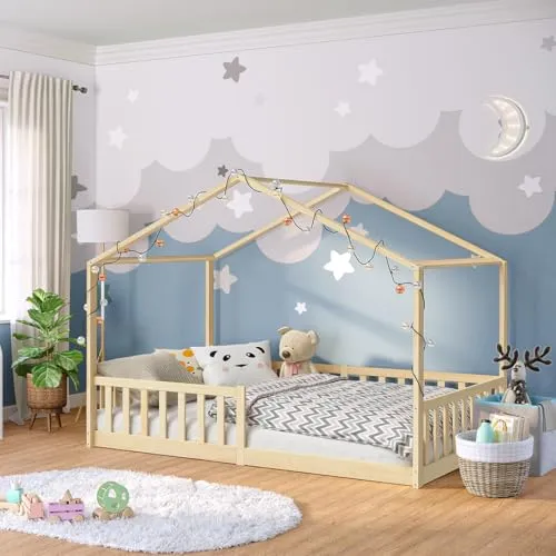 Bellabino Kinderbett Bia 120x200 cm - Hausbett mit Rausfallschutz - Kleinkindbett aus robustem Kiefernholz, ideal für selbstständiges Ein- und Aussteigen. Das kreative Design in Hausform fördert die Fantasie und sorgt für Sicherheit.