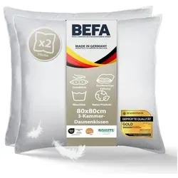 BEFA NATUR Daunenkissen 80x80 cm - 3-Kammer Kopfkissen für Allergiker - Kissen aus 90% Daunen & 10% Federn, NOMITE-zertifiziert für Allergiker, bietet maximalen Komfort und ergonomische Unterstützung – ideal für alle Schlafpositionen.
