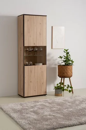 Vitrine HELA "Ariana" schwarz, 60cm Breite - Vitrinen, elegante Kombination aus Artisan Eiche und Schwarz, mit 3 Einlegeböden und pflegeleichter Oberfläche für stilvolle Aufbewahrung.