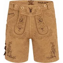PAULGOS Herren Trachten Lederhose Kurz - Echtes Leder in 3 Farben - Stylische Trachtenlederhose für Oktoberfest und Gartenpartys! Aus 100% robustem Rindsleder gefertigt, bietet sie hohen Tragekomfort und ein einzigartiges Design mit traditioneller Stickerei. Größen von 44 bis 60 verfügbar.