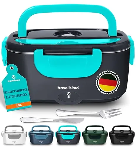 TRAVELISIMO Elektrische Lunchbox 80W - Lunch-Box mit 1,5L Kapazität, ideal für unterwegs. Genießen Sie heißes Essen im Büro oder Auto mit schneller Erwärmung in 20-30 Minuten.