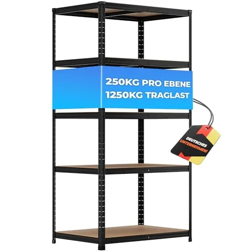 ALL Premium Schwerlastregal 180x90x60 cm Schwarz – 1250 kg Traglast für Gewerbliche Lagerung - Stabiles Schwerlastregal mit 5 höhenverstellbaren MDF-Böden. Ideal für Keller, Garage oder Büro zur optimalen Nutzung des Platzes. Werkzeugfreie Montage dank Stecksystem.