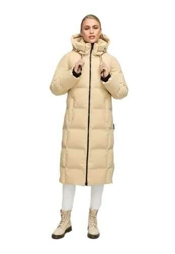 Marikoo Damen Winterjacke Tikoraa, Beige, Extra langer Schnitt - Moderne Damen Winterjacke Tikoraa von Marikoo in Beige. Ideal für kalte Tage mit winddichten Eigenschaften, abnehmbarer Kapuze und praktischen Taschen. Erhältlich in Größen von XS bis 5XL.