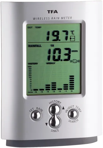 TFA Regenmesser 47.3003 Monsun elektronisch Funk - Wetterstation mit Funktechnologie, misst Regenmengen bis 9.999 mm und zeigt Innentemperatur von -10°C bis 50°C. Ideal für präzise Wetterbeobachtung im Garten.