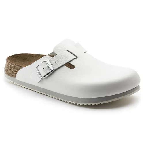 Birkenstock Boston SL Pantolette weiß - schmale Weite Gr. 40 - Hausschuhe mit hochwertigem Naturleder und anatomisch geformtem Kork-Latex-Fußbett für optimalen Komfort. Ideal für Beruf und Freizeit, rutschhemmende Sohle sorgt für Sicherheit.