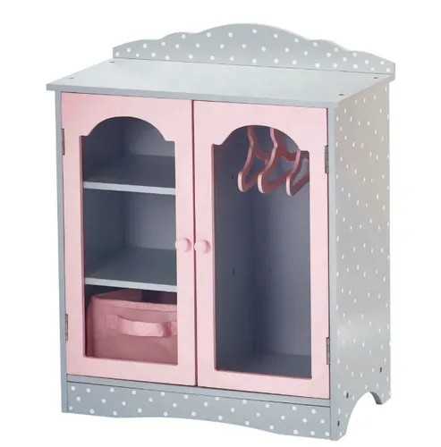 Puppenschrank Holz für Babypuppen - Olivias World TD-0210AG - Hochwertiger Puppenschrank aus robustem Holz, ideal für Puppenzubehör. Mit Doppeltüren, Schublade und rosa Kleiderbügeln – perfekt für kreative Spielstunden!