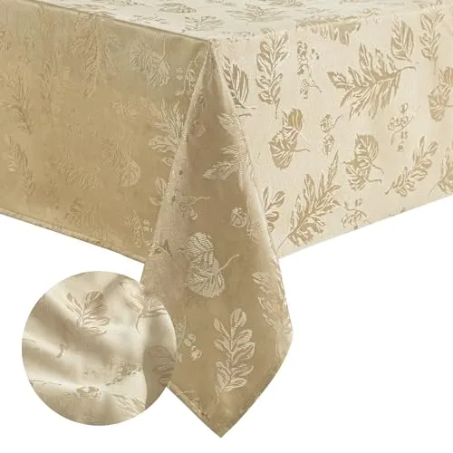 Elrene Home Fashions Elegant Woven Leaves Jacquard Damask Tablecloth, 60" x 84" Oblong, Taupe