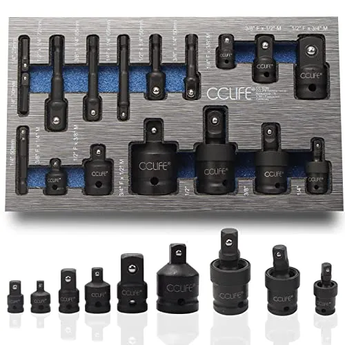 CCLIFE 17tlg Stecknuss Adapter Set für Schlagschrauber - Umfangreiches Werkzeug-Set aus Cr-Mo für Schlagschrauber, inklusive Kugelsicherung für sicheren Sitz. Ideal für Industrie- und Bauarbeiten, organisiert in praktischem Schaum für einfache Handhabung.