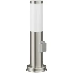 ledscom.de Pollerleuchte PORU mit Steckdose für außen, edelstahl, 39 cm, inkl. E27 LED, Energieeffizienzklasse A (warmweiß, 4W, 935lm)