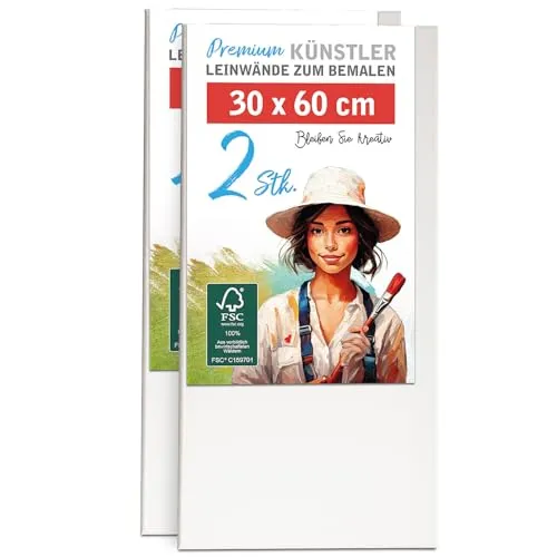 2er-Set Leinwand zum Bemalen 30x60cm groß - 100% Baumwolle 280g/m², 2-fach grundiert, FSC® Holz-Keilrahmen 17mm, für Acrylfarbe, Aquarell, Öl & Gouache