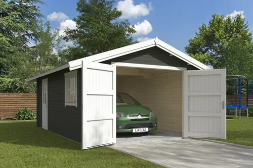 Lasita Garage Satteldach 40 mm Yarik grün 400x560 cm - Gartenhäuser, Geräteschuppen & Carports – Robuste Garage mit abschließbarem Satteldach und großzügigem Raumangebot von 48 m³, ideal für die sichere Unterbringung Ihres Fahrzeugs.