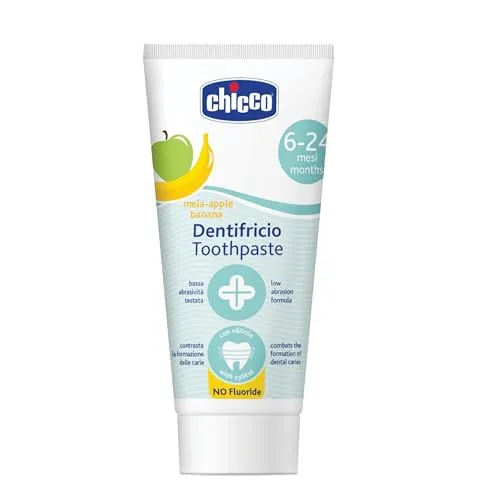 Chicco Zahnpasta für Kinder, Geschmack Apfel und Banane, Zahnpasta für Kinder, sanft zu Kinderzähnen, geringe Abrasivität, ohne Fluor, wirkt der Bildung von Karie, 50 ml, 6-24 Monate