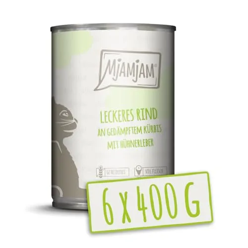 MjAMjAM - Premium Nassfutter für Katzen - leckeres Rind an gedämpftem Kürbis, 6er Pack (6 x 400 g), getreidefrei mit extra viel Fleisch
