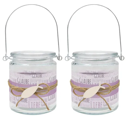 ZauberDeko Windlicht Windlicht Glaube Liebe Hoffnung Lila Fisch Kommunion Konfi 9cmH 2Stk