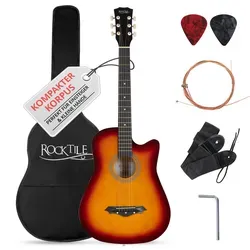 Rocktile Westerngitarre WSD-5C Slim Line - Komplettset mit Tasche und Zubehör - Gitarren Set mit Dreadnought Akustikgitarre, inklusive Tasche, Ersatzsaiten, Gurt und Plektren für den perfekten Start ins Musikleben!