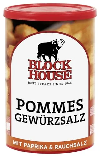 Block House Pommes Gewürzsalz – Würzmischung mit Paprika und feiner Rauchnote für knusprige Pommes Frites & Kartoffelgerichte, 280 g Dose