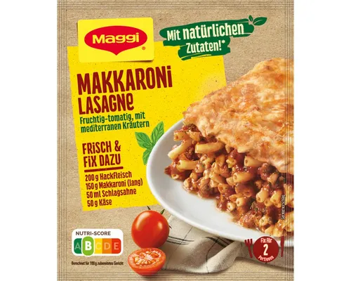 MAGGI Fix für Makkaroni Lasagne mit mediterranen Kräutern 40g - Genießen Sie mit MAGGI Fix für Makkaroni Lasagne einen einfachen und schmackhaften Nudelauflauf. Perfekte Kombination aus würziger Sauce und goldbraunem Käse – ideal für italienische Genussmomente!