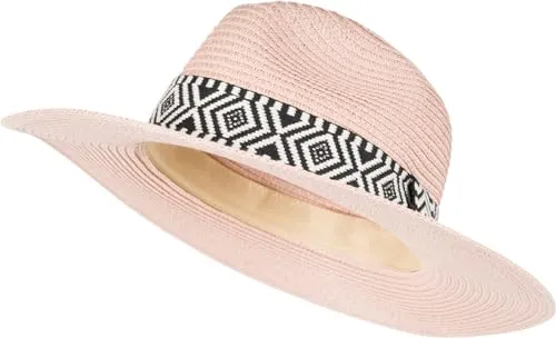 styleBREAKER Damen Panama Sonnenhut Einfarbig mit Stoff Hutband mit Azteken Muster, Strohhut, Schlapphut, Sommerhut, Fedora Hut 04025046, Farbe:Altrose