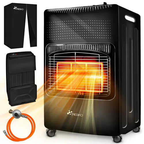 TRESKO Heizstrahler 4200 W Gasheizung - Terrassenstrahler mit 3 Heizstufen und Piezo-Zündung, ideal für gemütliche Abende im Freien oder im Innenbereich, Leistung: 4200 W, geeignet für bis zu 82 m².
