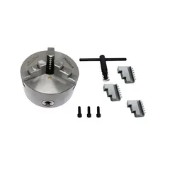 Dreibackenfutter 125 mm mit 3-Loch-Aufnahme - Korrekturmittel, Dreibackenfutter für Drehbank mit zylindrischer Aufnahme, inklusive Innen- und Außenbacken sowie Futterschlüssel für eine einfache Handhabung.