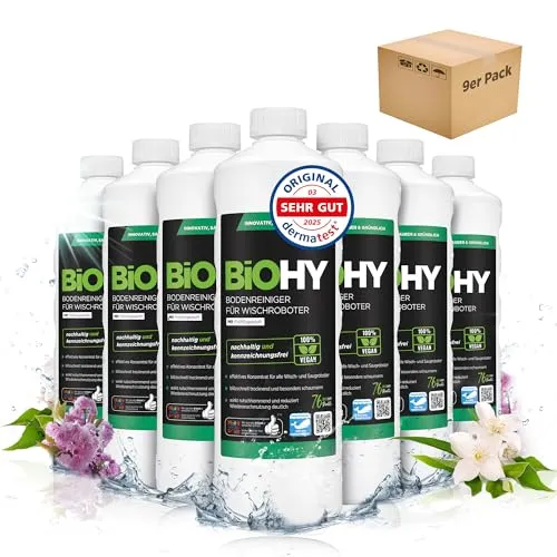 BiOHY Bodenreiniger für alle Wischroboter mit Frühlingsduft (9 x 1 Liter) | Schaumarm & Streifenfrei | Reinigungsmittel Konzentrat für alle Böden