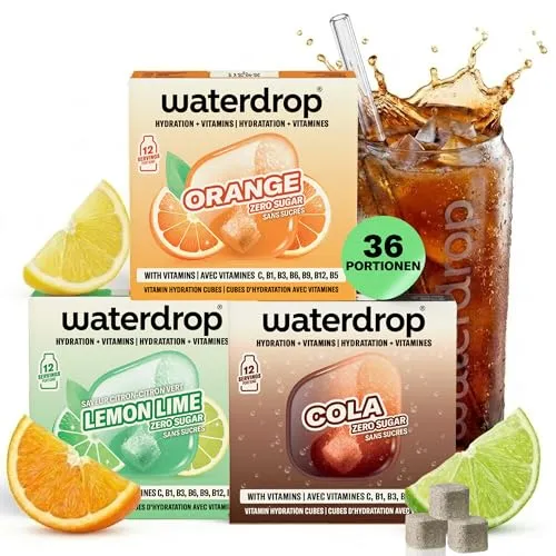 waterdrop® Microdrink Set - Cola, Orange & Lemon Lime – 36 Würfel für Geschmack im Wasser, Zero Zucker Getränke, Geschmackspulver mit Vitaminen, Wasserzusatz für Limonade & Spezi-Alternative
