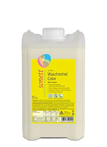 Sonett Waschmittel Color Mint u. Lemon 5 Liter - Biologisch abbaubares Waschmittel für farbige Textilien, mit frischem Duft von Bio-Minze und Bio-Lemongrass, ideal für Outdoor- und Sportbekleidung. Reicht für ca. 70 Waschladungen.
