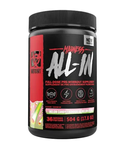 Mutant Madness All-In - 504g Dose Melon Candy - All-in-One Pre-Workout-Supplement für intensives Training, mit 4 einzigartigen Komplexen zur Steigerung von Kraft, Konzentration und Hydration. Enthält Vitamin B12 zur Verringerung von Müdigkeit.