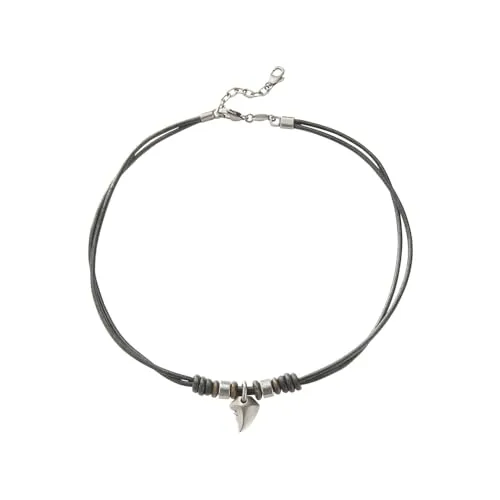 Fossil Herren Edelstahl Collier mit Haifischzahn-Anhänger - Ketten für Herren - Stilvolles 42 cm langes Collier mit 5 cm Verlängerung, kombiniert aus Leder und Edelstahl, verziert mit einem einzigartigen Haifischzahn-Anhänger.