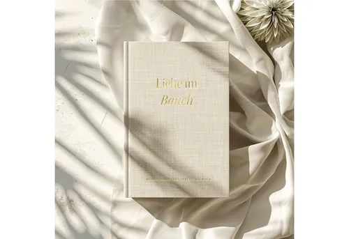 MeinBaby123® Schwangerschaftstagebuch "Liebe im Bauch" - Notizbuch für Schwangere mit hochwertiger Fadenheftung, ideal zum Festhalten unvergesslicher Momente der Schwangerschaft in stilvollem beige Leinen.