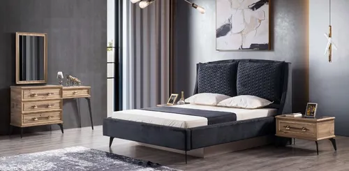 Schlafzimmer Set 4-teilig  modernes Luxusbett 2 Nachttische Kommode inklusive