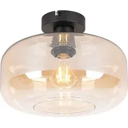 QAZQA Art Deco Deckenleuchte Bizle – Elegante Deckenlampe schwarz mit bernsteinfarbenem Glas - Die Deckenleuchte Bizle vereint stilvolles Design und Funktionalität. Ideal für Art Deco-Interieurs, sorgt sie für stimmungsvolles Licht. Mit E27-Fassung, dimmbar (Dimmer nicht enthalten). Maße: 28 cm Durchmesser, 20,5 cm Höhe.