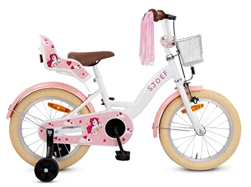 SJOEF Dolly Kinderfahrrad 16 Zoll - Ideal für Mädchen ab 4 Jahren - Das SJOEF Dolly Kinderfahrrad für Mädchen bietet Sicherheit und Komfort mit verstellbarem Sattel, Hand- und Rücktrittbremse. Inklusive Stützrädern für leichtes Erlernen des Fahrens, 95% vormontiert für schnelle Montage.