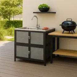 HTI-Living Küchenspüle mit Abtropfläche und Unterschrank 83x43 cm - Spülen für Garten und Camping, aus langlebigem Aluminium mit Edelstahl-Armatur, bietet Komfort und Stauraum für Ihre Außenküche.