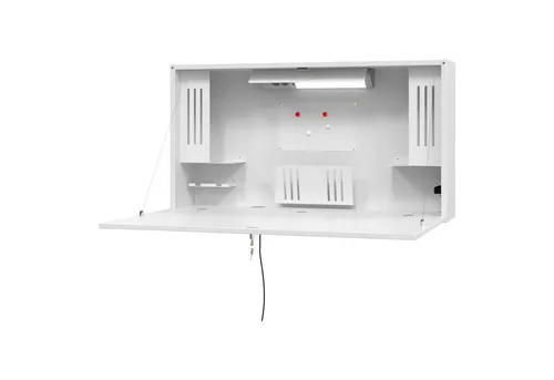 bümö Wandschreibtisch klappbar & abschließbar Mini-Office - Kinderschreibtisch in Graphit/Asteiche, platzsparend und multifunktional mit LED-Leuchte, USB-Ports und magnetischer Tafel für kreatives Lernen.