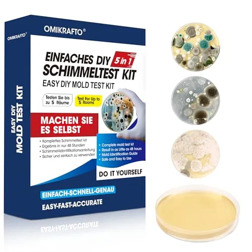 OMIKRAFTO Schimmeltest Kit für Zuhause – Schneller Schimmelpilz Test für 5 Räume - Testen Sie die Luftqualität in Ihrem Zuhause mit dem OMIKRAFTO Schimmeltest Kit. Enthält 5 Agar-Petrischalen und Anleitung für eine einfache Probenentnahme. Ideal zur Überprüfung auf Schimmel in Wohnräumen.