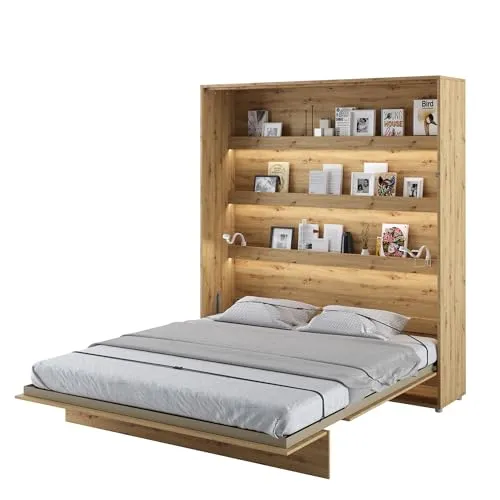 MEBLINI Schrankbett Bed Concept - Vertikales Klappbett mit Lattenrost - Platzsparendes Wandbett mit stabilem Metallrahmen und pneumatischem Mechanismus für einfaches Öffnen und Schließen. Inklusive praktischen Ablagen und optionaler LED-Beleuchtung.
