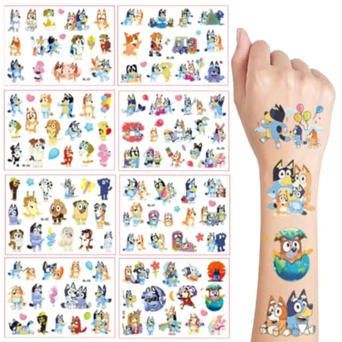 Temporäre Tattoos Kinder, 8 Blätter Blue Tattoo für Kinder, Cartoon Kindertattoos Deko Kindergeburtstag, Geburtstag Party Geschenk Kleine, Hautfreundliche Temporäre