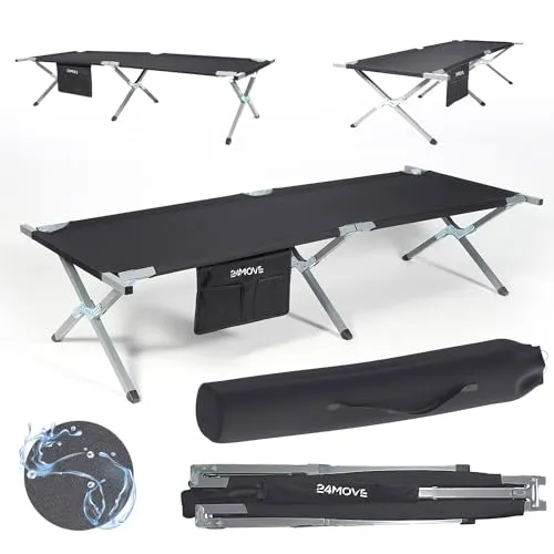 24MOVE® Feldbett Campingbett – Faltbar, bis 200 kg, inkl. Tragetasche - Camping-Möbel für Outdoor-Abenteuer. Genießen Sie ultimativen Komfort und Bequemlichkeit mit diesem hochwertigen Feldbett, das einfach zu transportieren ist.