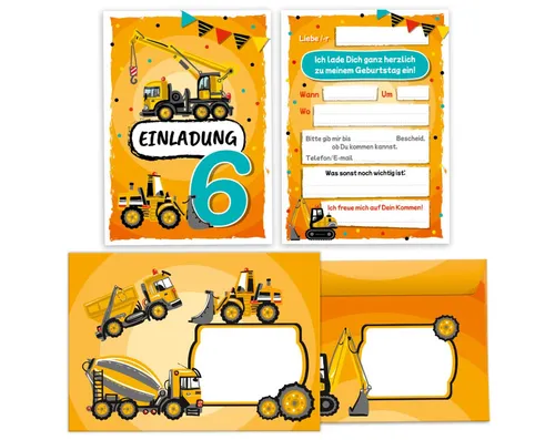 JUNAPACK Einladungskarten Baustelle zum 6. Geburtstag Einladungen mit Umschlägen Karten Jungen, Einladungskarten mit Umschlägen zum sechsten Geburtstag Baustelle
