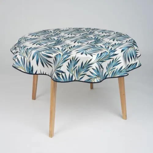 laro 140cm runde Wachstuch Tischdecke abwaschbar Wachstuchtischdecke mit Saum-Eingefasst-Paspelband, Muster:Blätter Gefiedert Blau, Größe: Rund 140cm