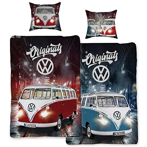 BERONAGE VW Bulli Bettwäsche Set Rot/Blau 135x200 cm - Bettwäsche-Set für VW-Fans aus 100% Baumwolle, pflegeleicht mit hochwertigem Reißverschluss und schadstoffgeprüft nach Oeko-Tex. Ideal für ein gesundes Schlafklima und perfekten Schlafkomfort.