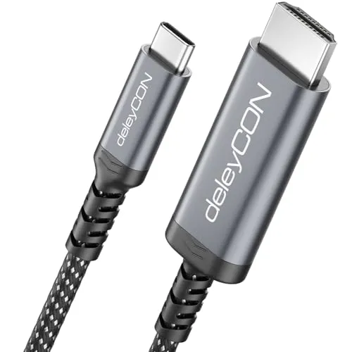deleyCON 2m USB-C auf HDMI Kabel 4K UHD 60Hz (Aluminium, Geflochten) für HDMI Monitor/TV/Beamer, Thunderbolt 3/4, für iPhone 17,16,15, MacBook, iPad Pro/Air, Galaxy S25 S24, Notebook