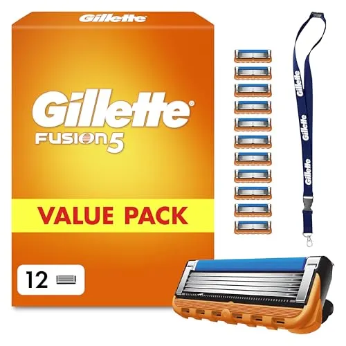 Gillette Fusion 5 Klingen Herren, 12 Original Rasierklingen, Orange - Für Nassrasierer mit Größerem Gleitstreifen für Ein Sanftes Gleiten Und für Eine Unglaublich Gründliche Und Komfortable Rasur