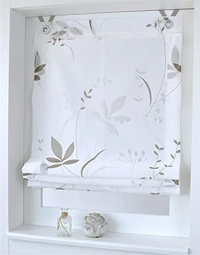 Kutti Raffrollo Dandelion Weiss Natur Taupe 80 x 140 cm - Raffrollo mit Blumenmotiven, stufenlos höhenverstellbar, ideal für Sichtschutz und Lichtfilterung in jedem Raum, pflegeleicht und waschbar bei 30°C.