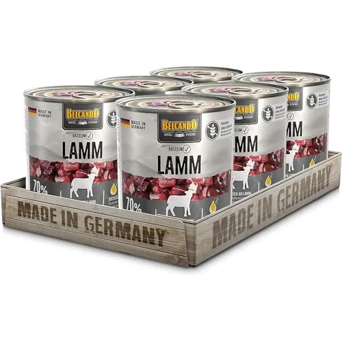 BELCANDO Baseline Nassfutter für Hunde, Lamm, 6x800g Dose – 70% Fleisch - Hochwertiges Nassfutter für ausgewachsene Hunde mit 70% Lamm und Innereien. Getreidefrei und verfeinert mit Distelöl für eine ausgewogene Ernährung. Hergestellt in Deutschland unter höchsten Qualitätsstandards.