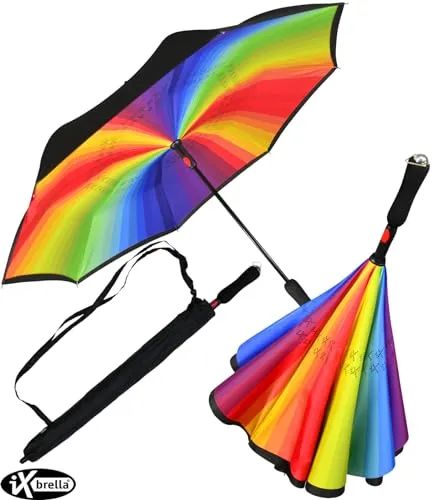 iX-brella Reverse-Regenschirm - umgedreht zu öffnen - schwarz-bunt - Extravaganter Stockschirm mit innovativem Umkehrmechanismus, der Sie trocken hält und einfach per Knopfdruck öffnet. Ideal für stilbewusste Damen, die das Besondere suchen.