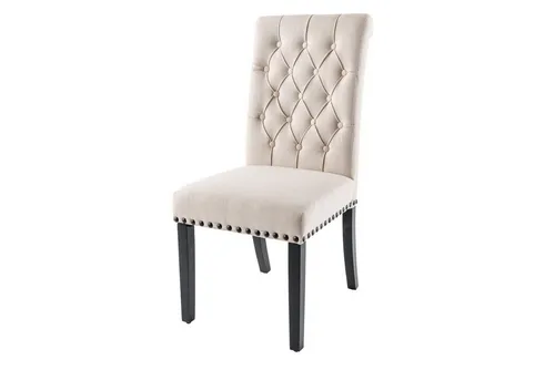 Chesterfield Esszimmerstuhl Beige Schwarz mit Holzbeinen - Möbelzubehör: Stilvoller Polsterstuhl ohne Armlehnen in Beige und Schwarz, ideal für neue Wohnwelten und gemütliche Esszimmer.