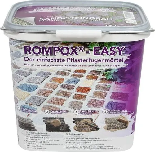 Romex ROMPOX-EASY Pflasterfugenmörtel Steingrau 15kg Eimer - Der ROMPOX® - EASY Pflasterfugenmörtel ist ideal für DIY-Projekte. Wasserdurchlässig und fix-fertig gemischt, perfekt für Terrassen und Gehwege. Einfache Anwendung ohne Abdeckung bei Nieselregen!